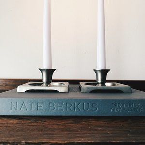 Set Silver metal modern square candlestick holder